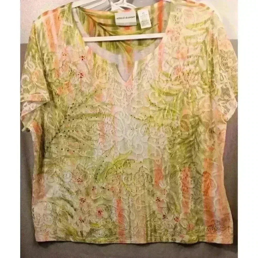 Alfred Dunner Petite Yellow/Green Beaded Short Sleeve Top Women’s Size:PXL
